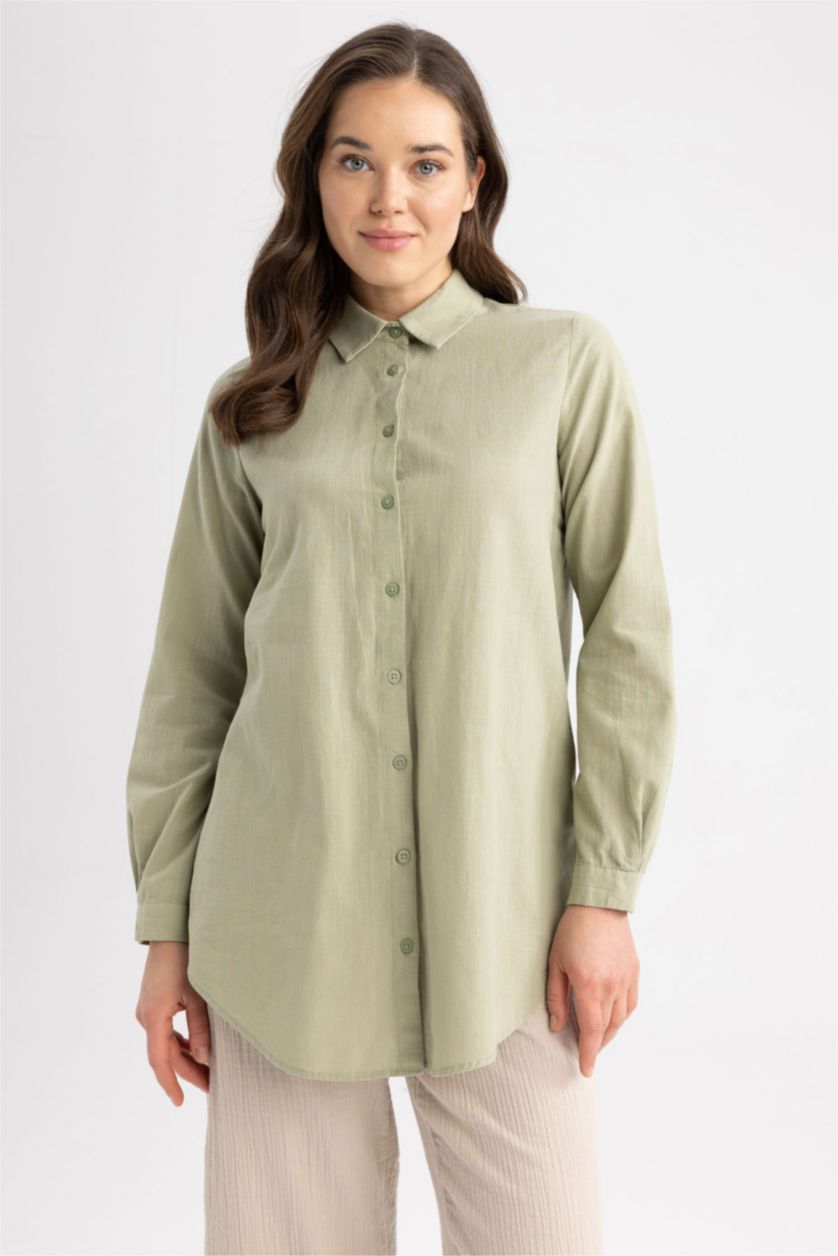 WOMAN Light Khaki Regular Fit Cotton Long Sleeve Tunic