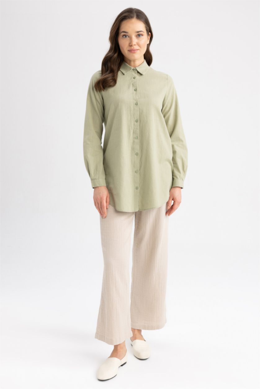 WOMAN Light Khaki Regular Fit Cotton Long Sleeve Tunic