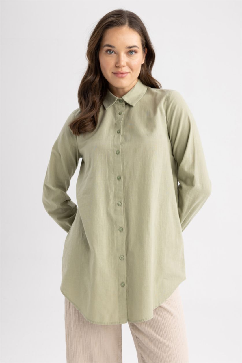 WOMAN Light Khaki Regular Fit Cotton Long Sleeve Tunic