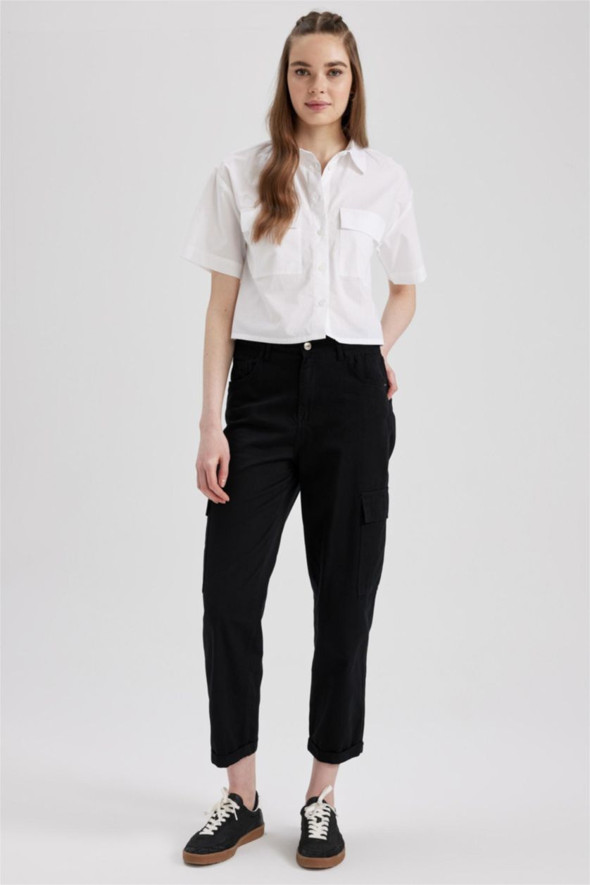WOMAN Black Paperbag Cargo Gabardine Cotton Trousers