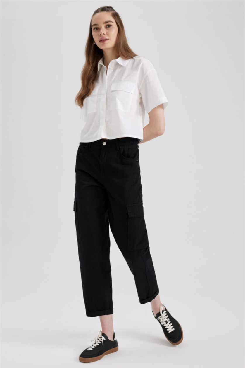 WOMAN Black Paperbag Cargo Gabardine Cotton Trousers