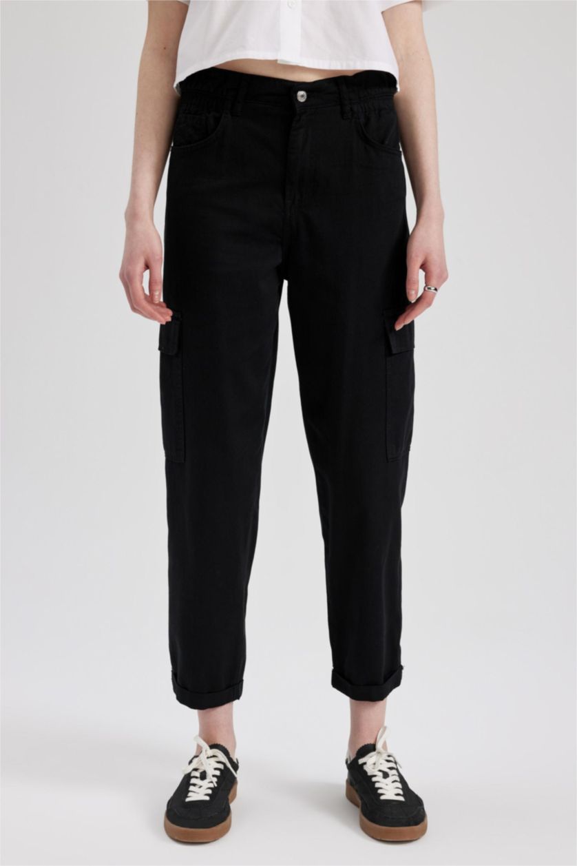 WOMAN Black Paperbag Cargo Gabardine Cotton Trousers