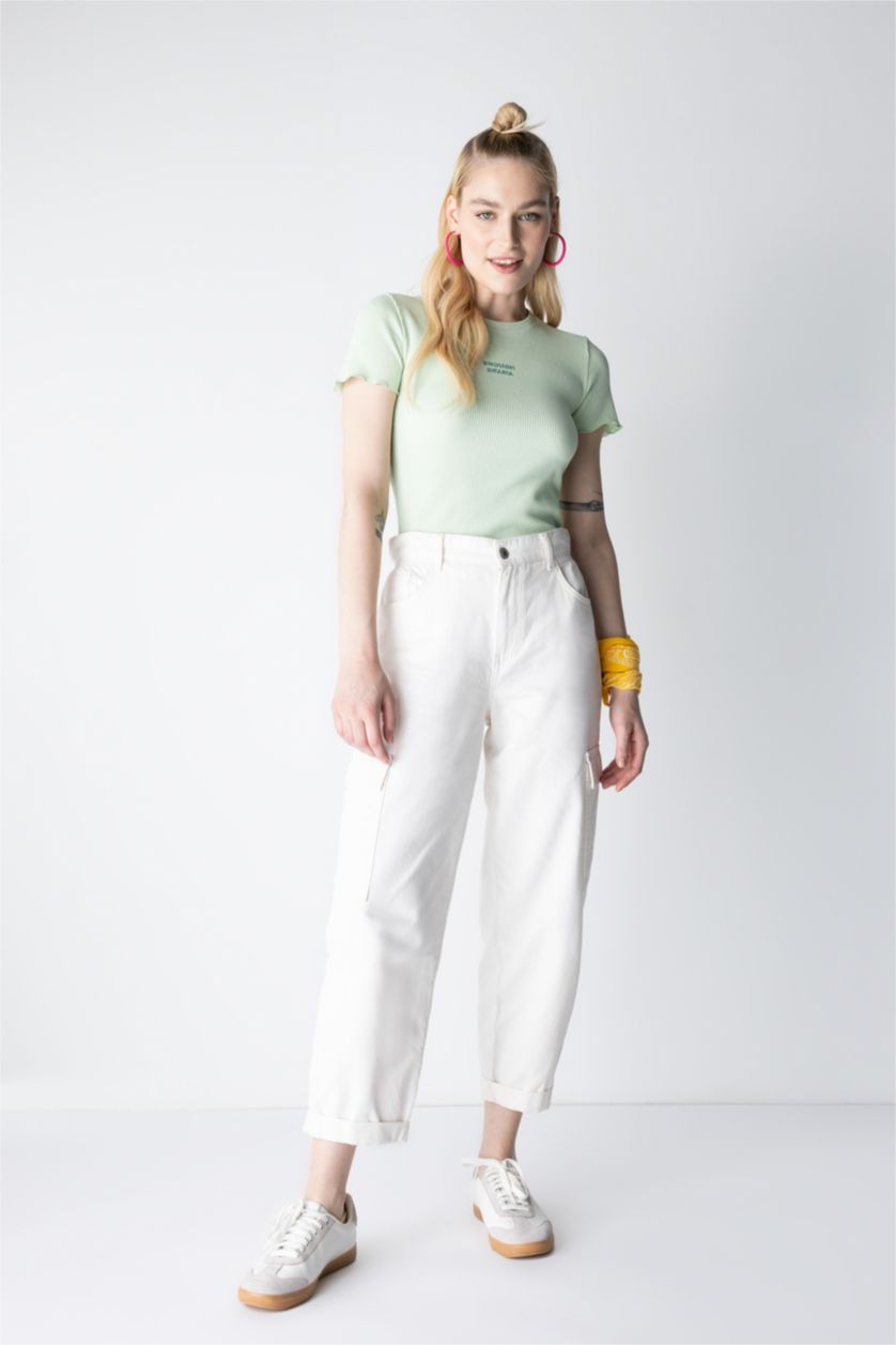 WOMAN Ecru Paperbag Cargo Gabardine Cotton Trousers