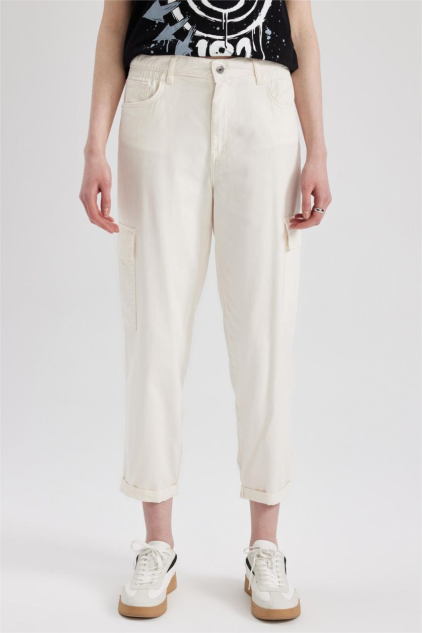 WOMAN Ecru Paperbag Cargo Gabardine Cotton Trousers