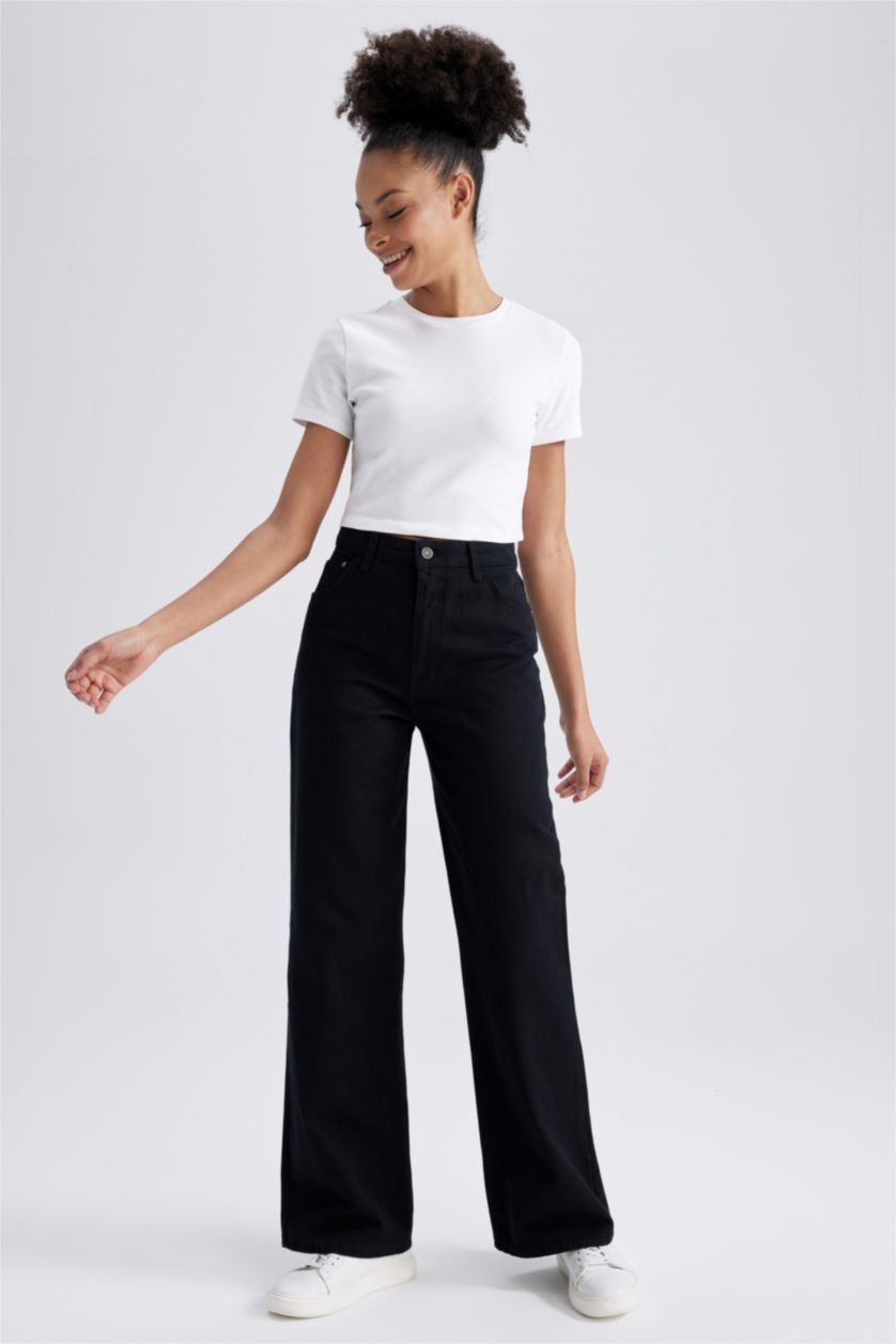 WOMAN Black Wide Leg Wide Leg Gabardine  Cotton Trousers
