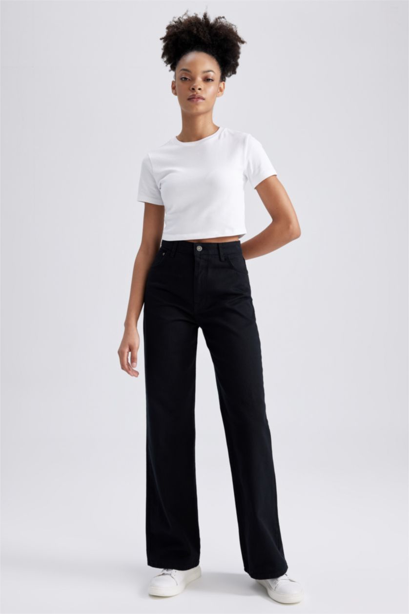 WOMAN Black Wide Leg Wide Leg Gabardine  Cotton Trousers