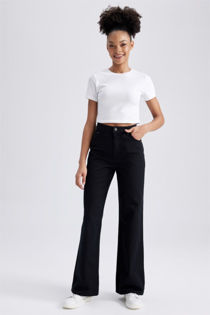 WOMAN Black Wide Leg Wide Leg Gabardine  Cotton Trousers