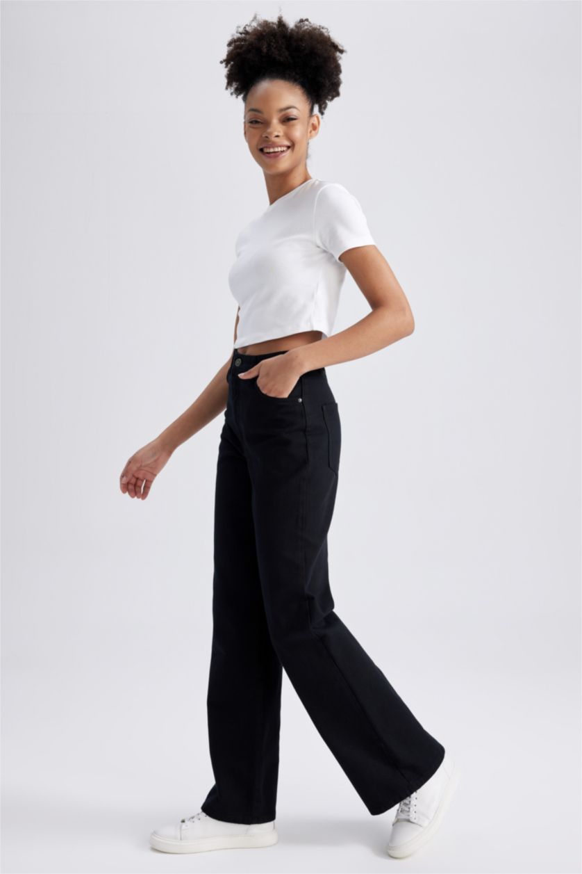 WOMAN Black Wide Leg Wide Leg Gabardine  Cotton Trousers
