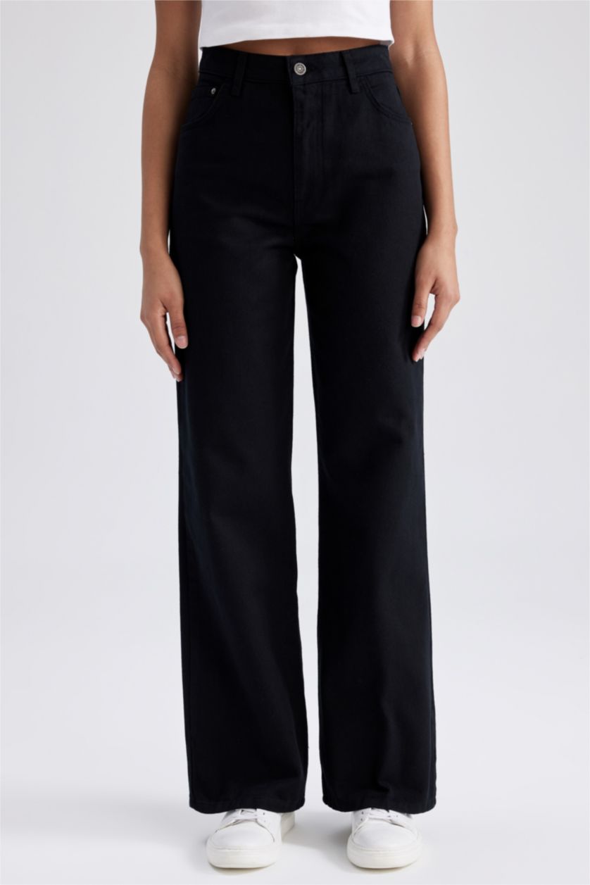 WOMAN Black Wide Leg Wide Leg Gabardine  Cotton Trousers