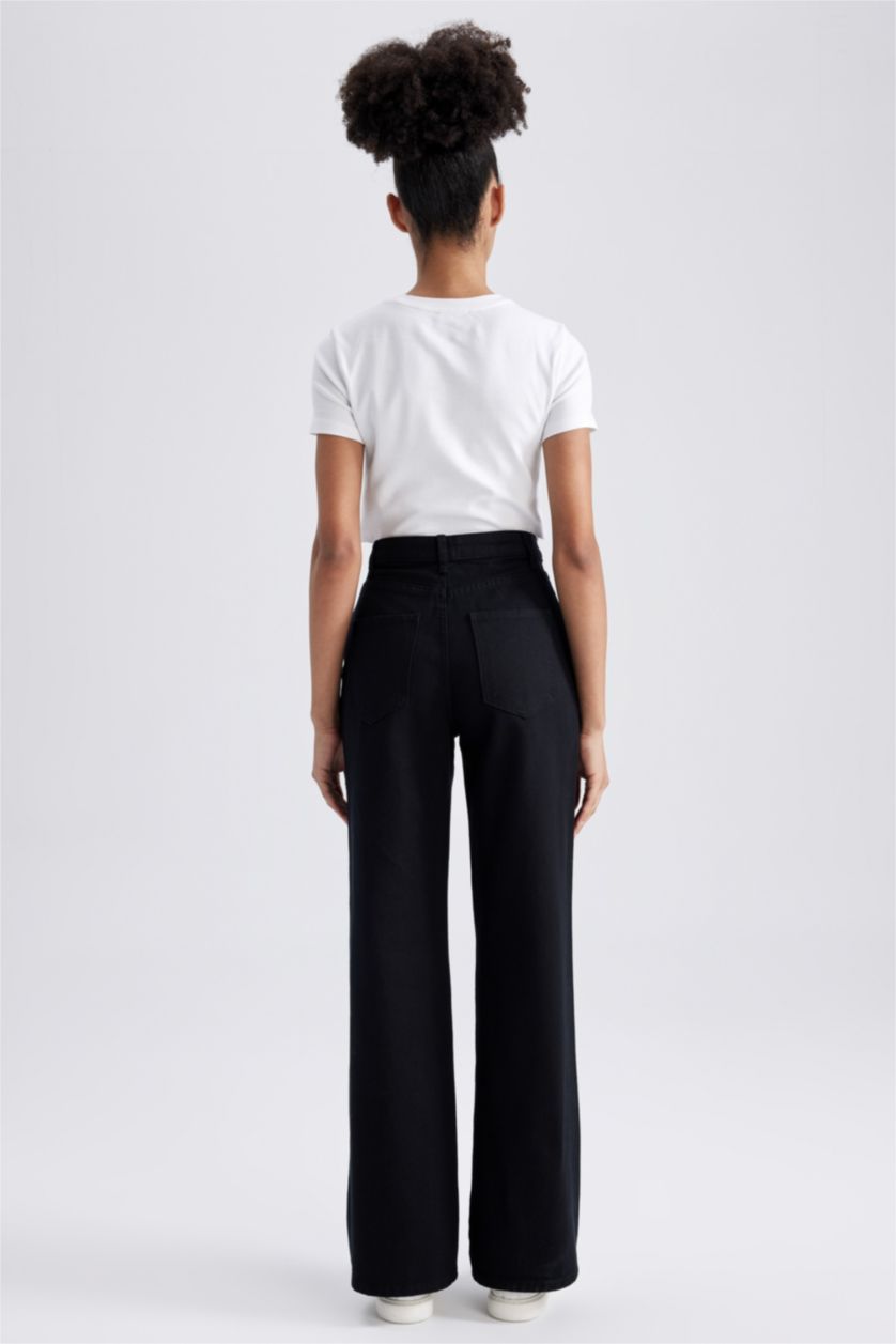 WOMAN Black Wide Leg Wide Leg Gabardine  Cotton Trousers