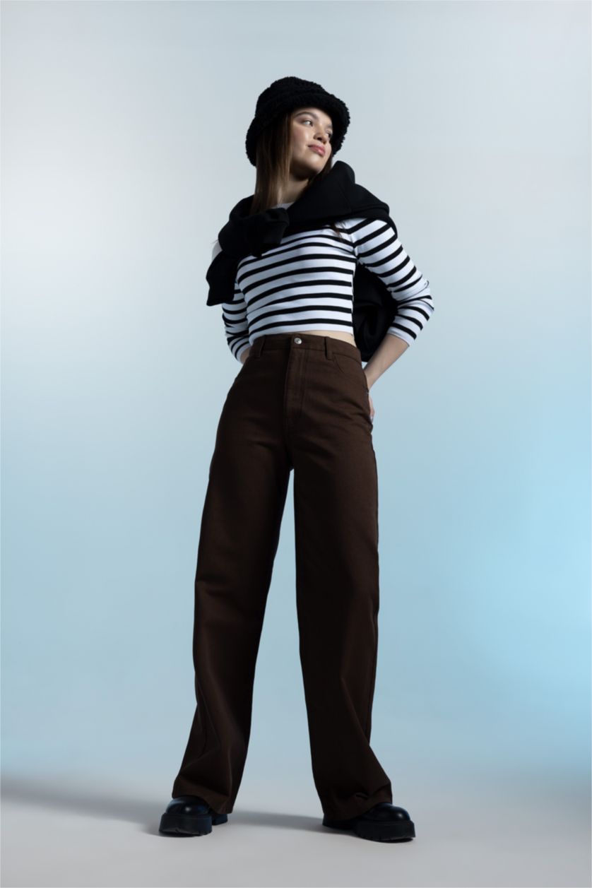 WOMAN Brown Wide Leg Wide Leg Gabardine Trousers