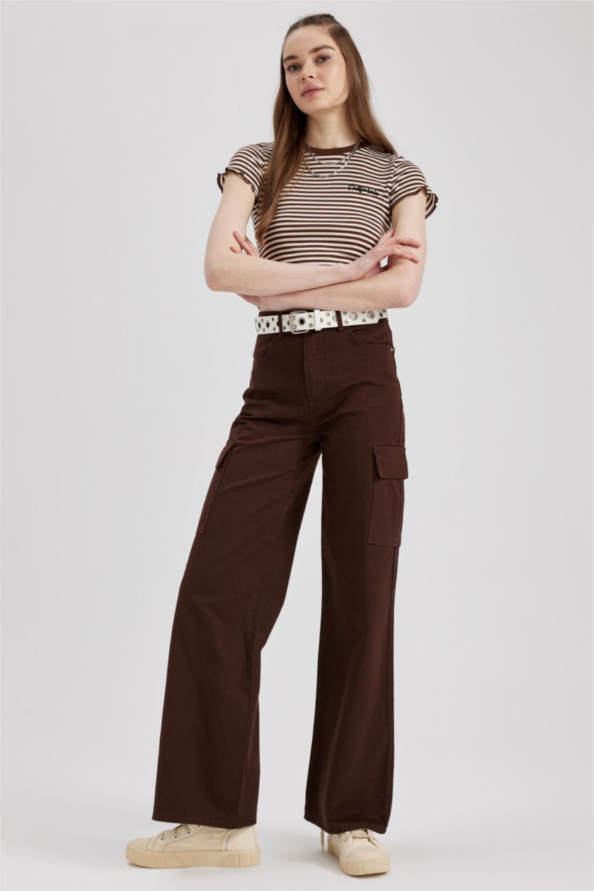 Woman Brown Wide Leg Cargo Gabardine Cotton Trousers