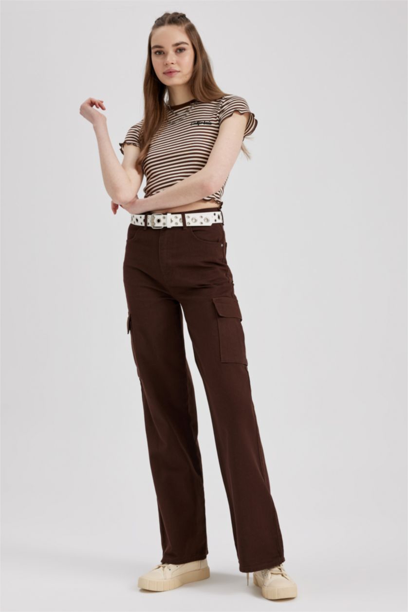 Woman Brown Wide Leg Cargo Gabardine Cotton Trousers