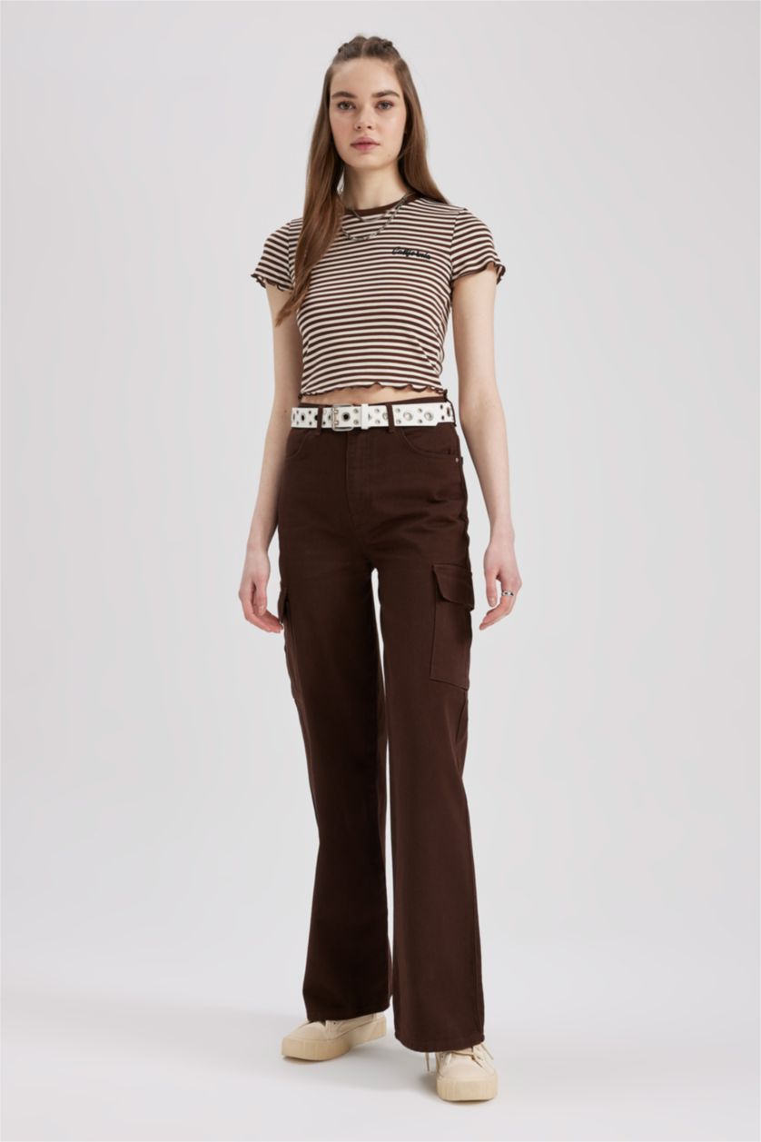 Woman Brown Wide Leg Cargo Gabardine Cotton Trousers
