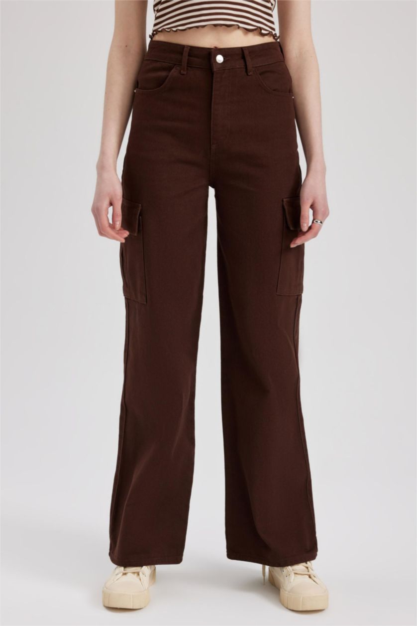 Woman Brown Wide Leg Cargo Gabardine Cotton Trousers