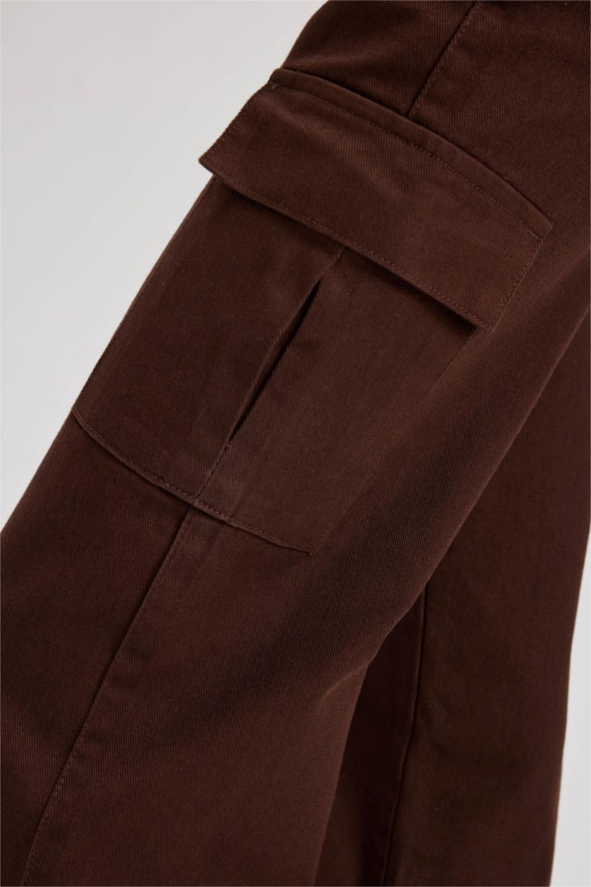 Woman Brown Wide Leg Cargo Gabardine Cotton Trousers