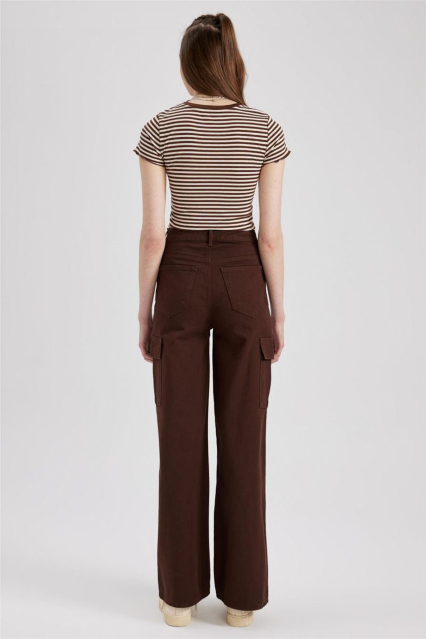 Woman Brown Wide Leg Cargo Gabardine Cotton Trousers