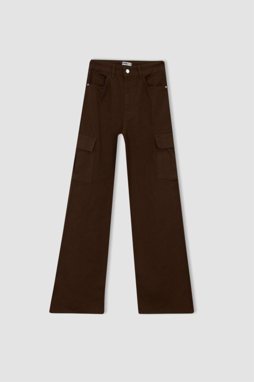 Woman Brown Wide Leg Cargo Gabardine Cotton Trousers