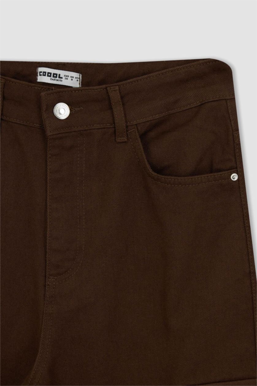 Woman Brown Wide Leg Cargo Gabardine Cotton Trousers