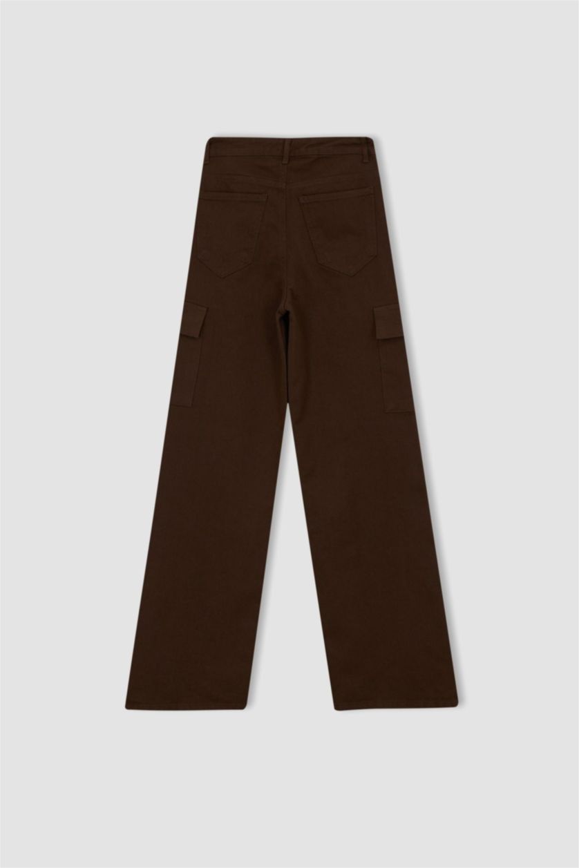 Woman Brown Wide Leg Cargo Gabardine Cotton Trousers