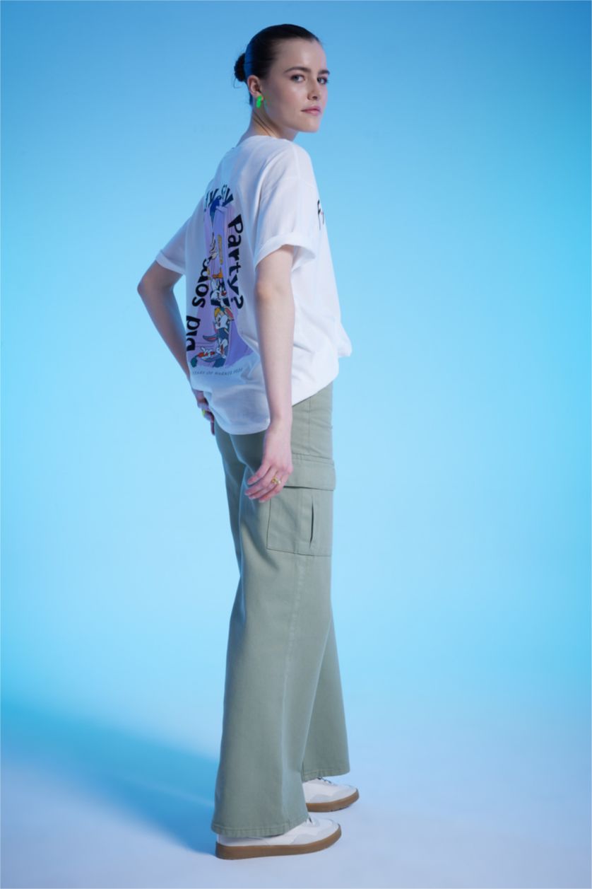 Kadın Açık Haki Geniş Paça Kargo Gabardin %100 Pamuk Pantolon