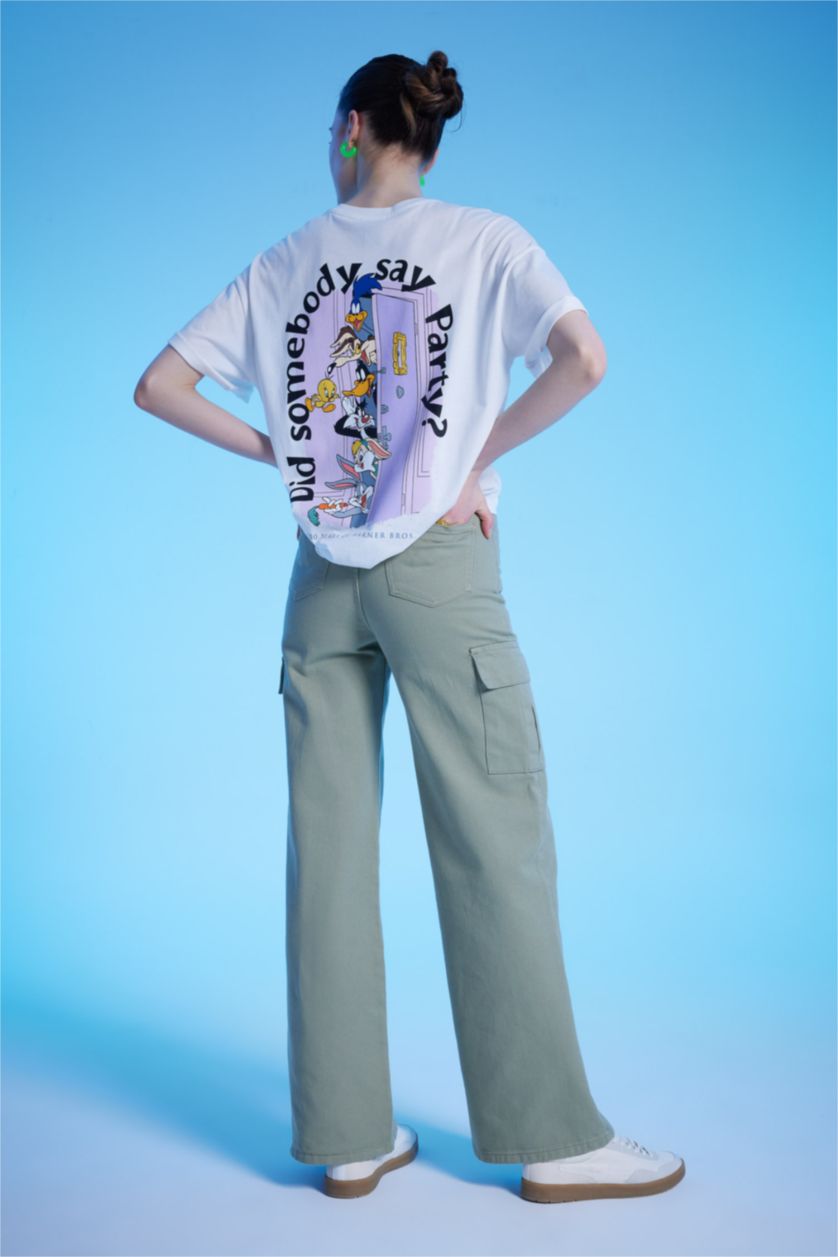 Kadın Açık Haki Geniş Paça Kargo Gabardin %100 Pamuk Pantolon