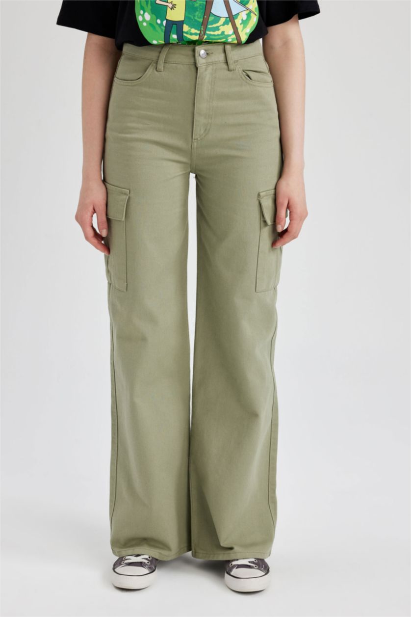 Kadın Açık Haki Geniş Paça Kargo Gabardin %100 Pamuk Pantolon