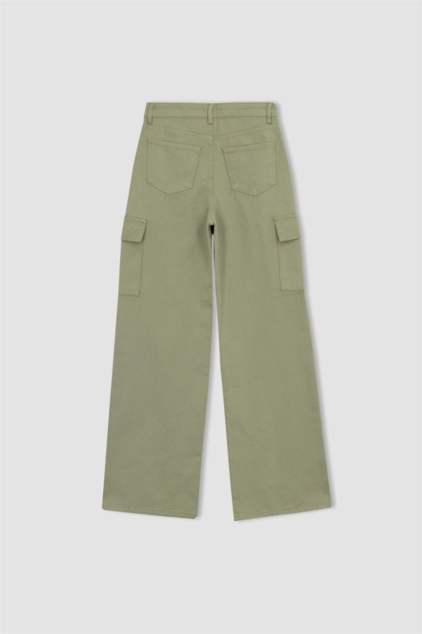 Kadın Açık Haki Geniş Paça Kargo Gabardin %100 Pamuk Pantolon