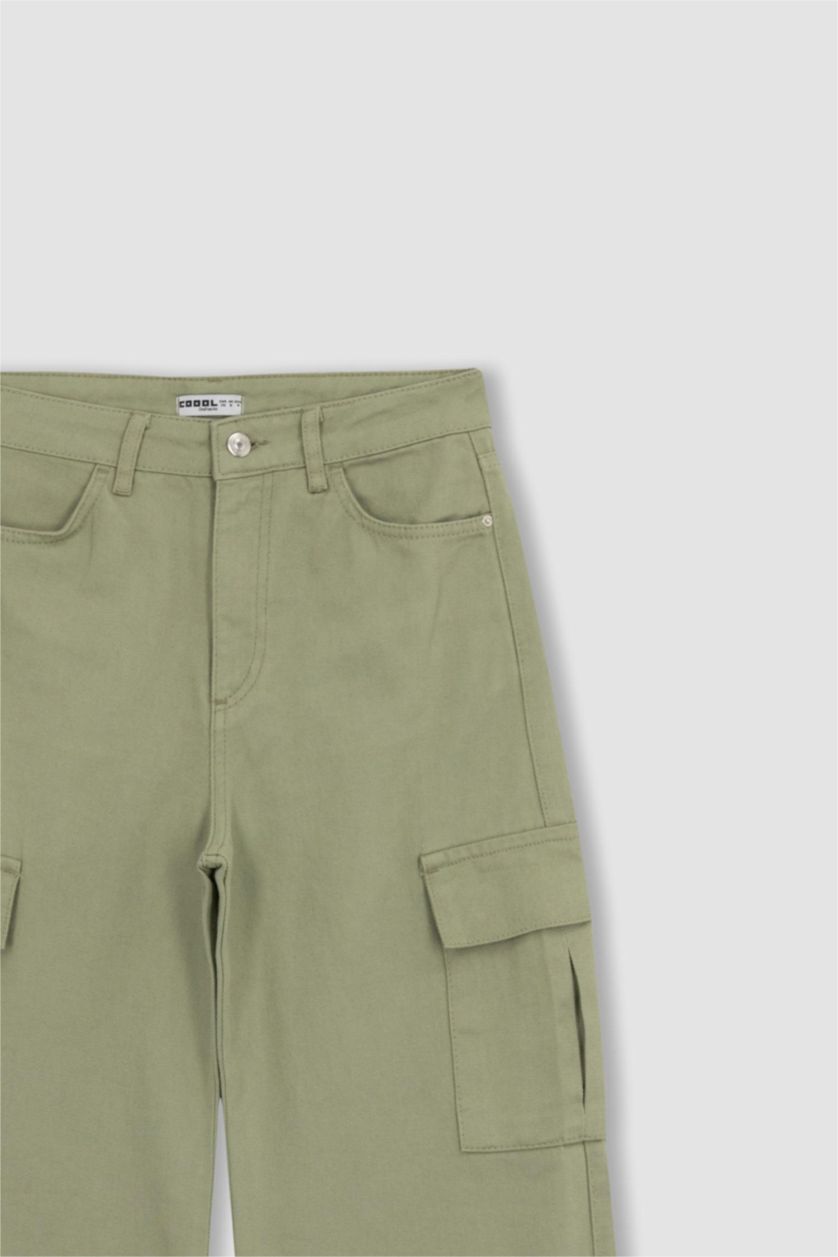 Kadın Açık Haki Geniş Paça Kargo Gabardin %100 Pamuk Pantolon