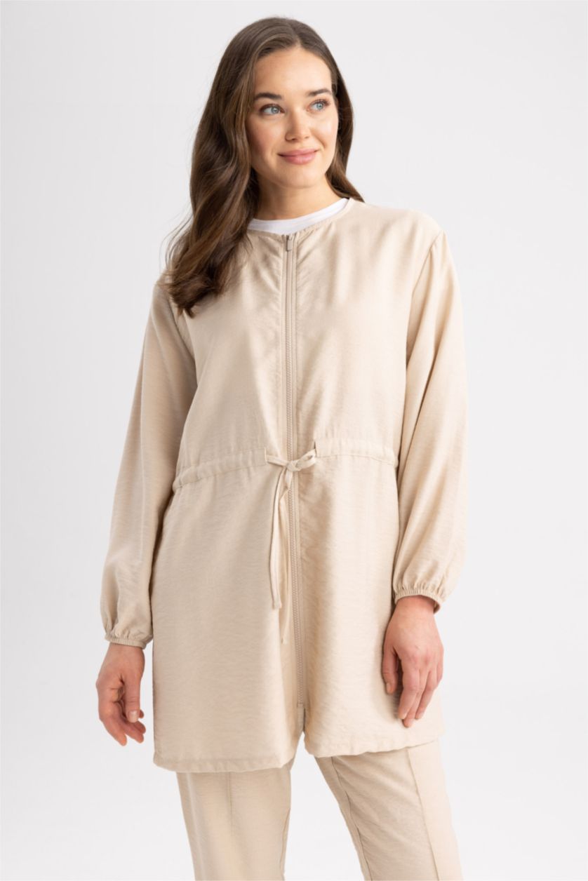 WOMAN Beige Relax Fit Zippered Long Sleeve Tunic
