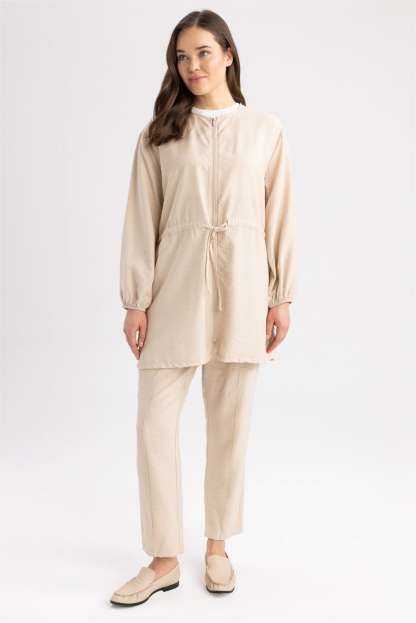 WOMAN Beige Relax Fit Zippered Long Sleeve Tunic