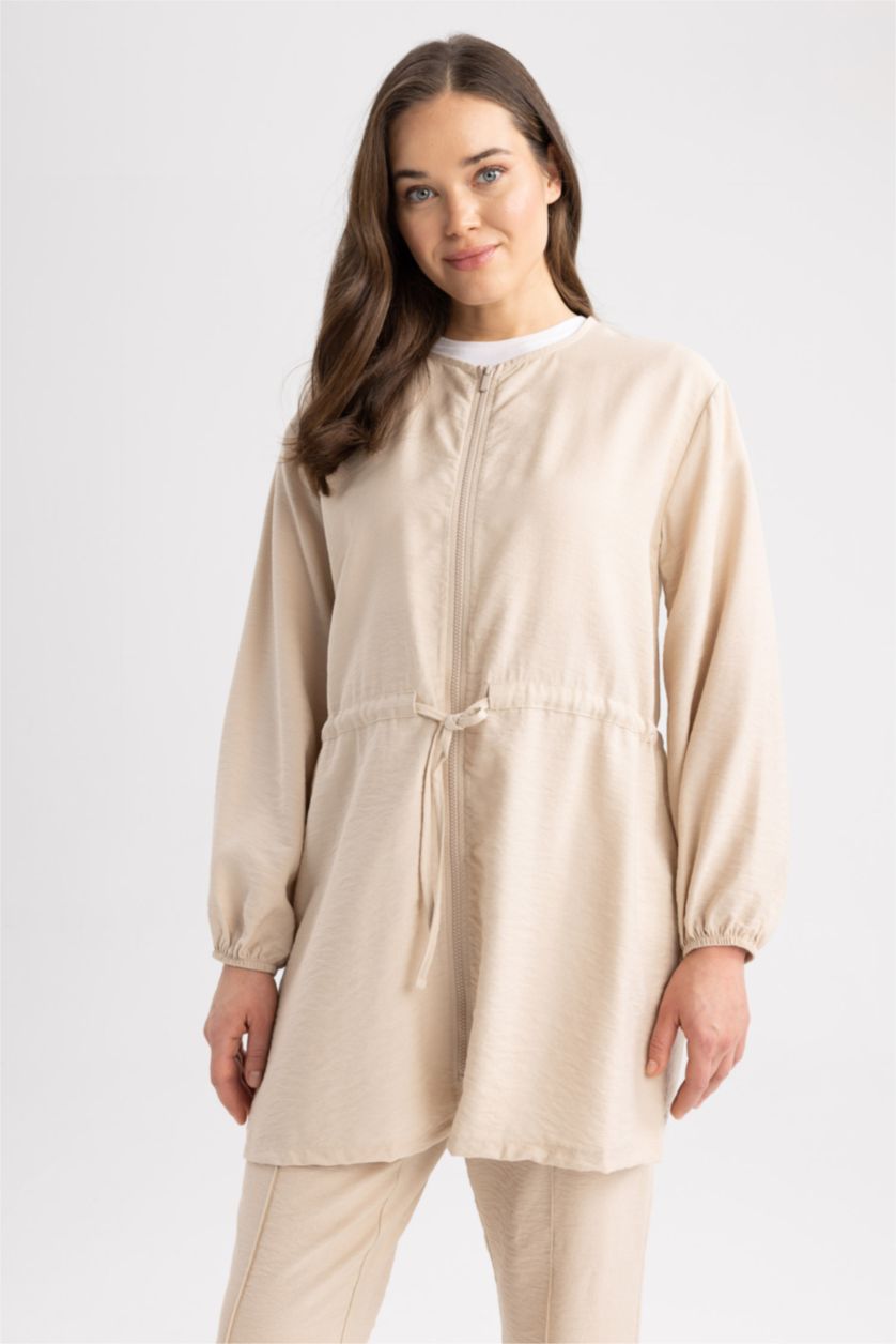 WOMAN Beige Relax Fit Zippered Long Sleeve Tunic
