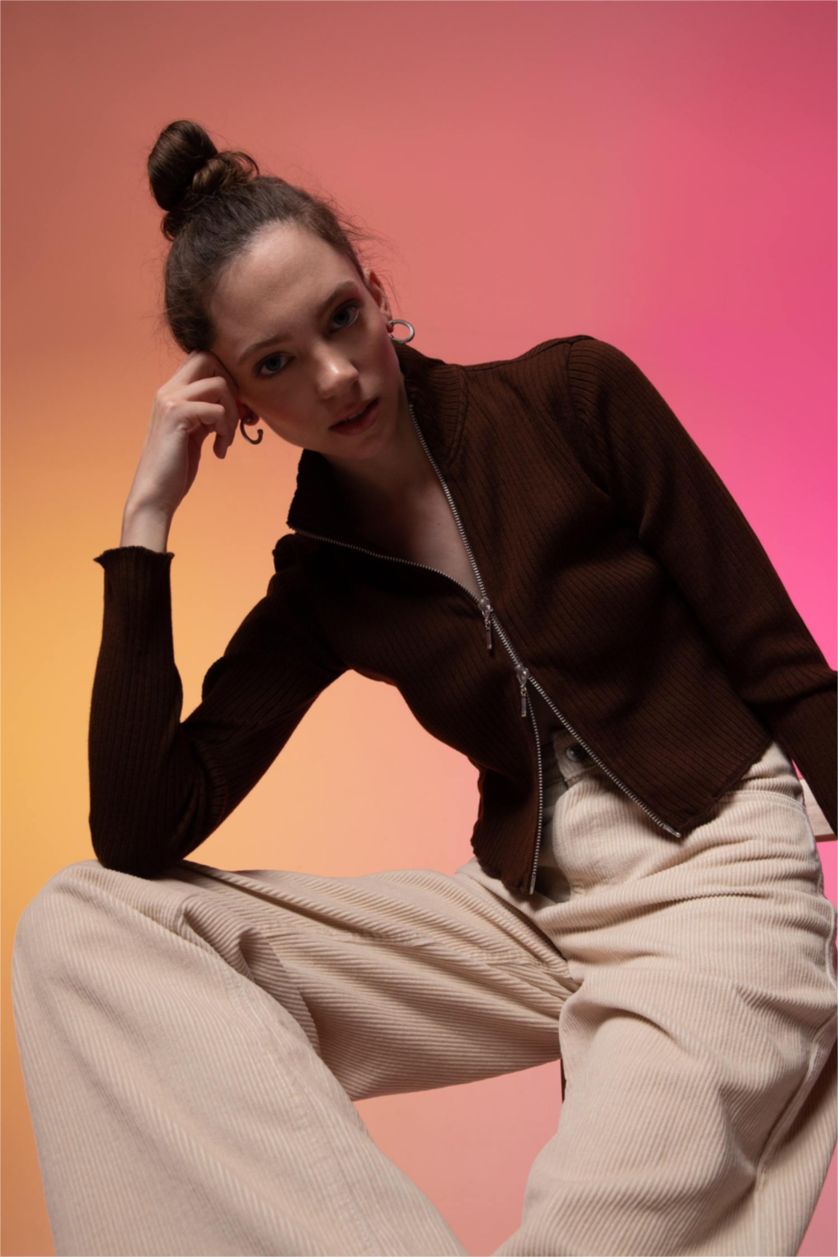 FEMME Marron Cardigan Slim à demi col roulé