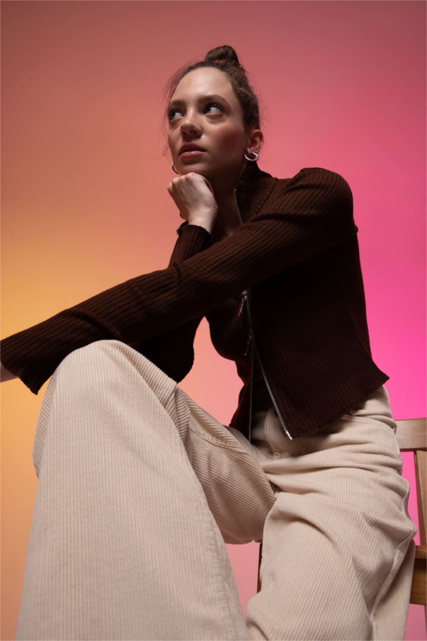 FEMME Marron Cardigan Slim à demi col roulé