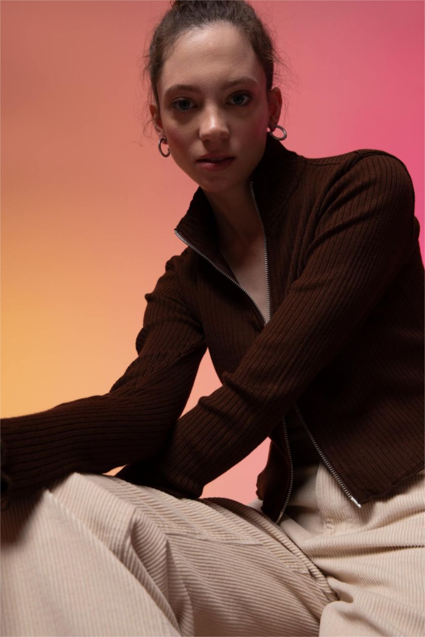 FEMME Marron Cardigan Slim à demi col roulé