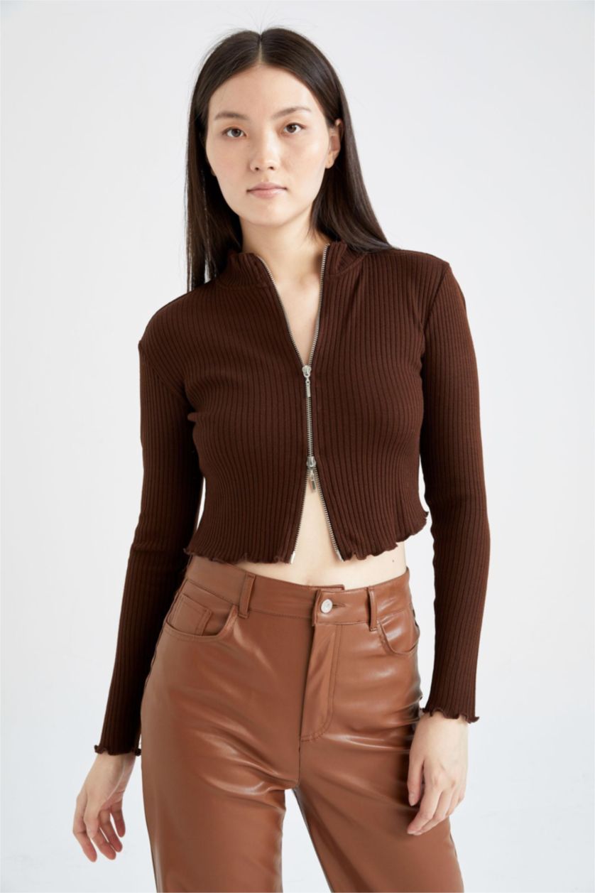 FEMME Marron Cardigan Slim à demi col roulé