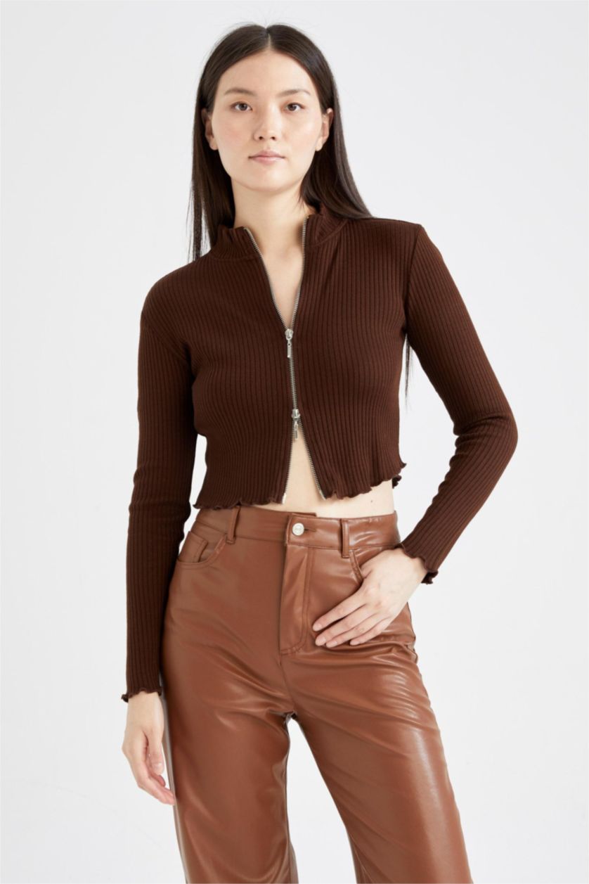 FEMME Marron Cardigan Slim à demi col roulé