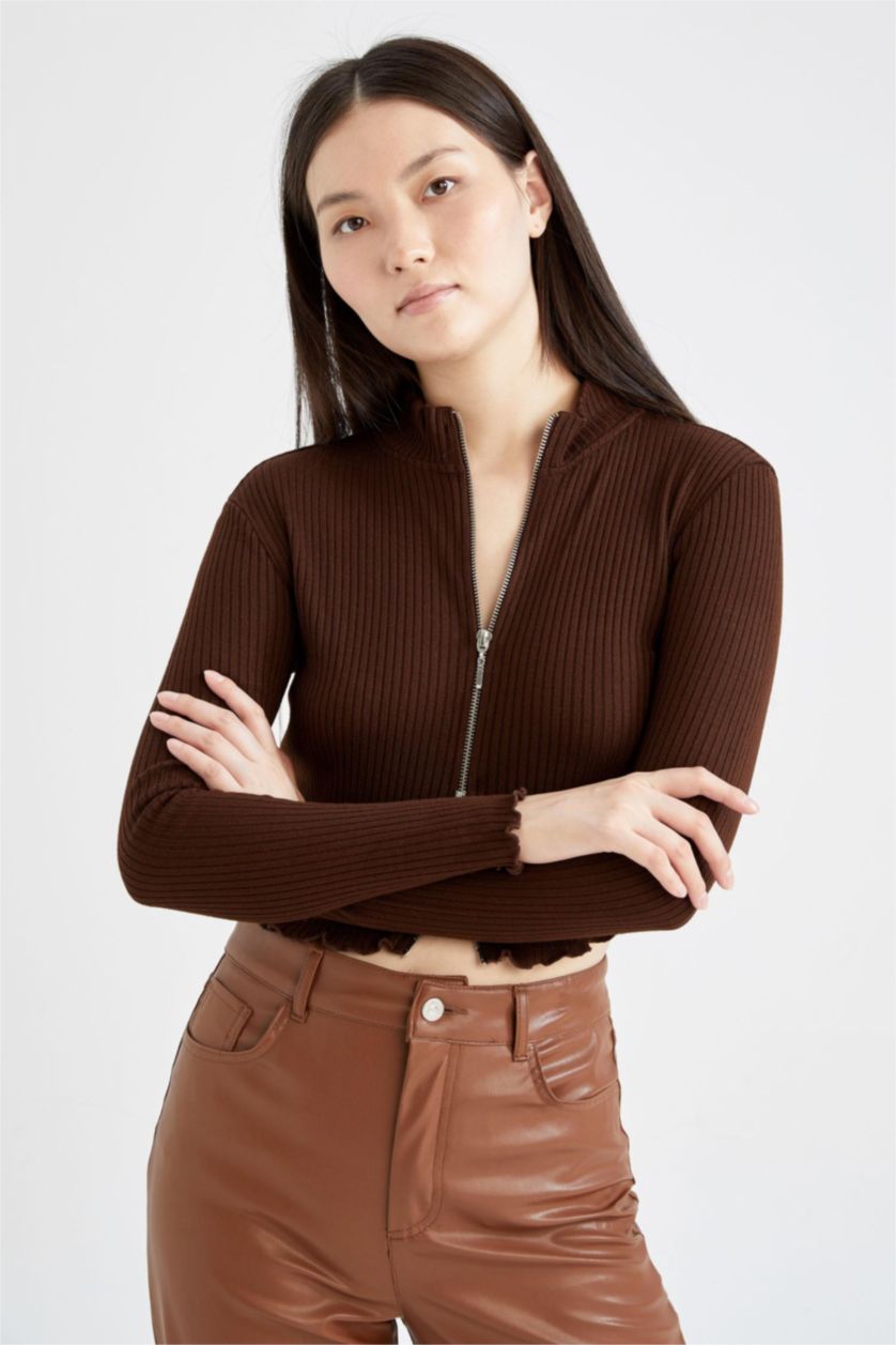 FEMME Marron Cardigan Slim à demi col roulé