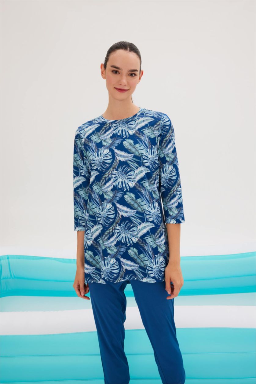 حريمي كحلي بوركيني منقوش بقصة عادية - قطعتين