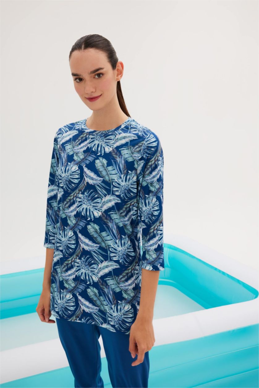 حريمي كحلي بوركيني منقوش بقصة عادية - قطعتين