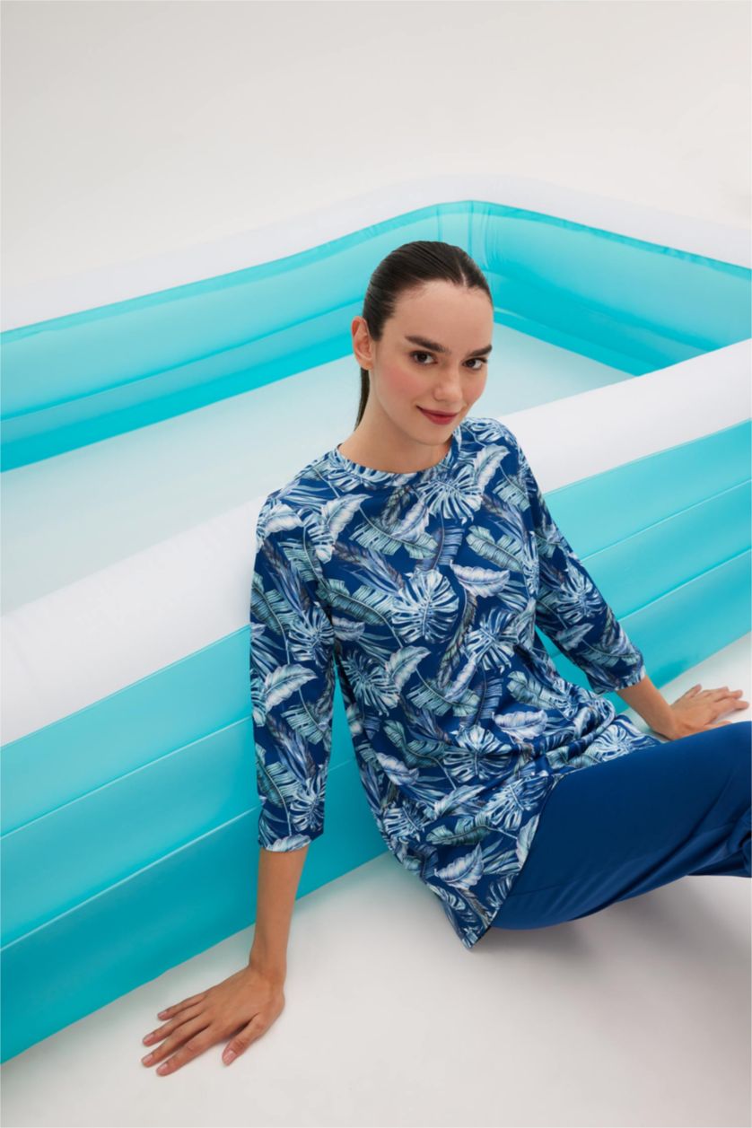 حريمي كحلي بوركيني منقوش بقصة عادية - قطعتين