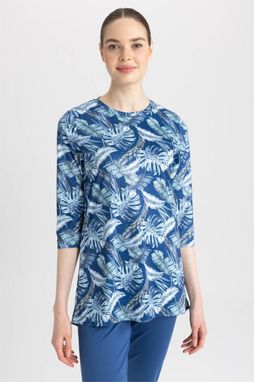 حريمي كحلي بوركيني منقوش بقصة عادية - قطعتين