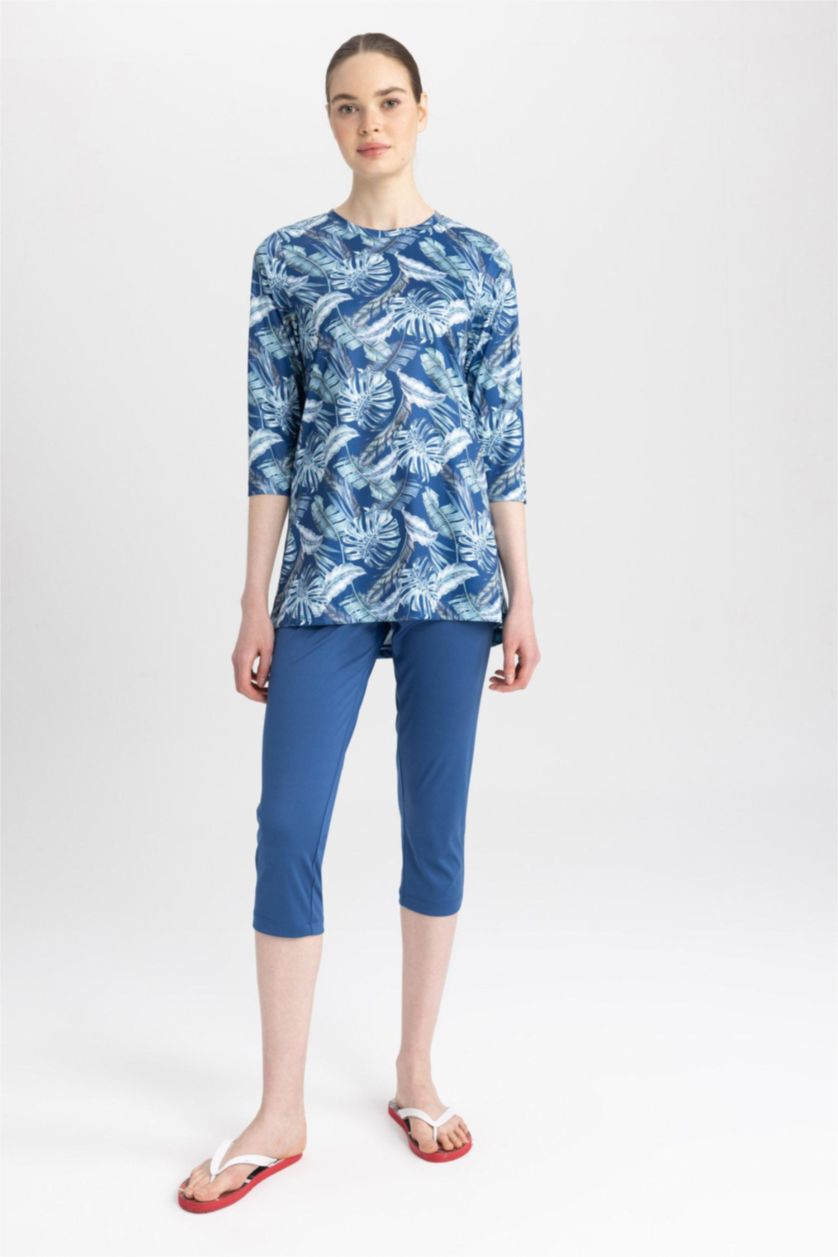 حريمي كحلي بوركيني منقوش بقصة عادية - قطعتين