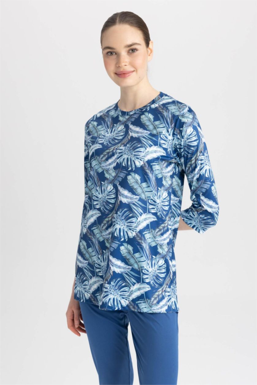 حريمي كحلي بوركيني منقوش بقصة عادية - قطعتين