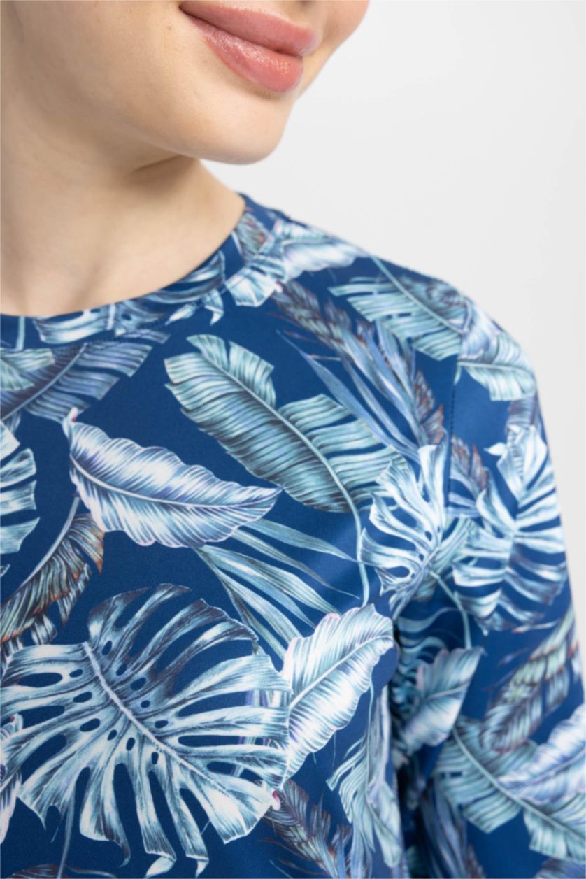 حريمي كحلي بوركيني منقوش بقصة عادية - قطعتين