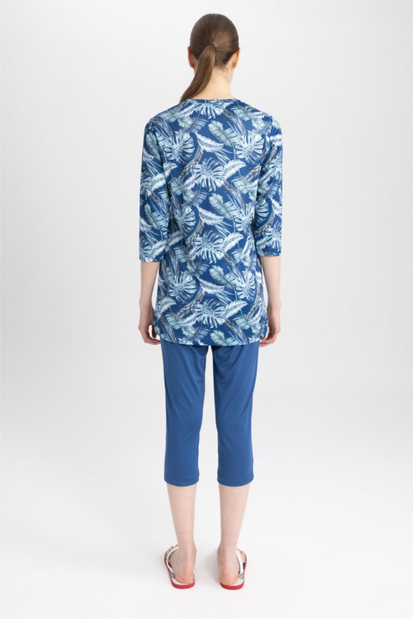 حريمي كحلي بوركيني منقوش بقصة عادية - قطعتين