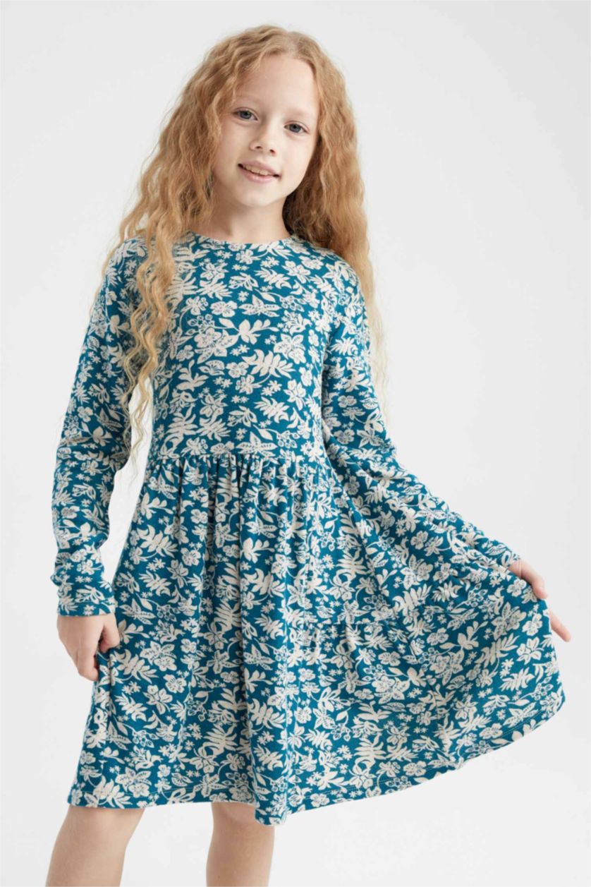 GIRLS & TEENS Dark Green Girl Patterned Long Sleeve Floral Dress
