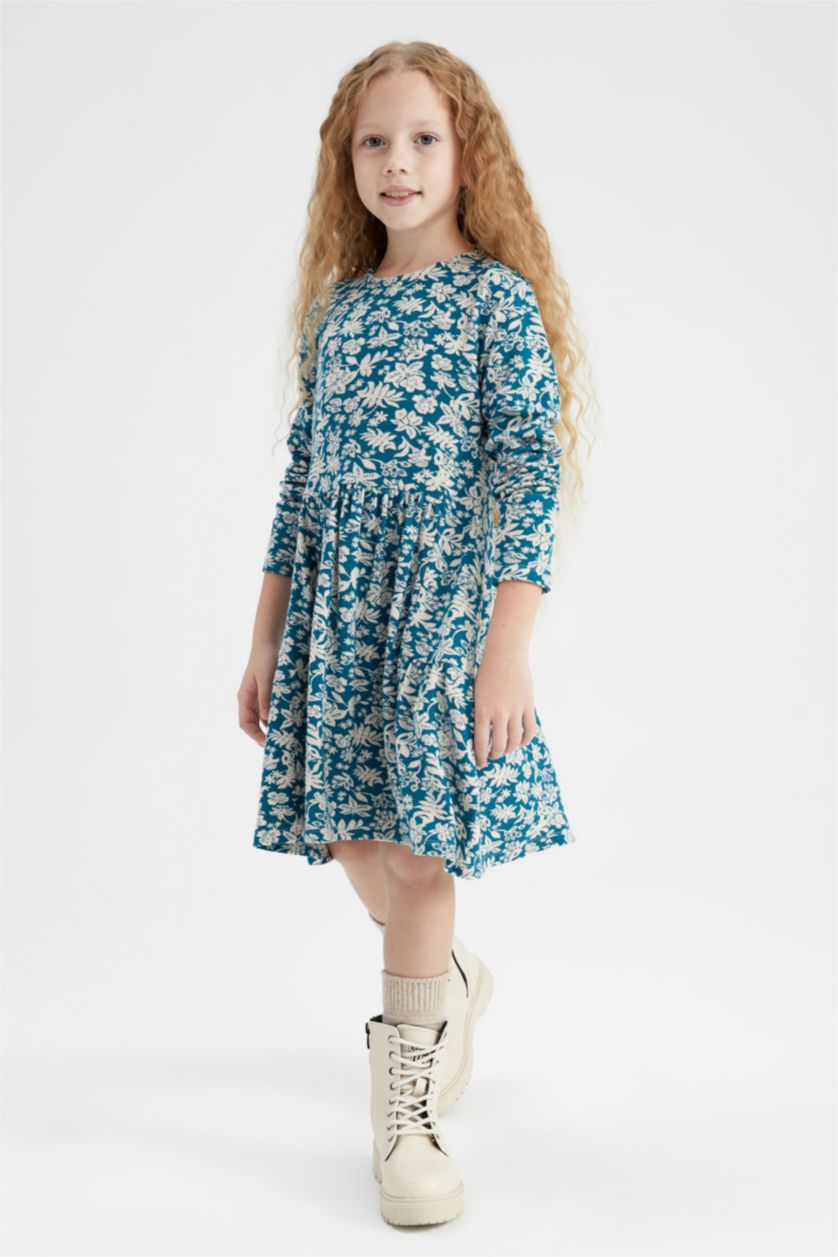 GIRLS & TEENS Dark Green Girl Patterned Long Sleeve Floral Dress