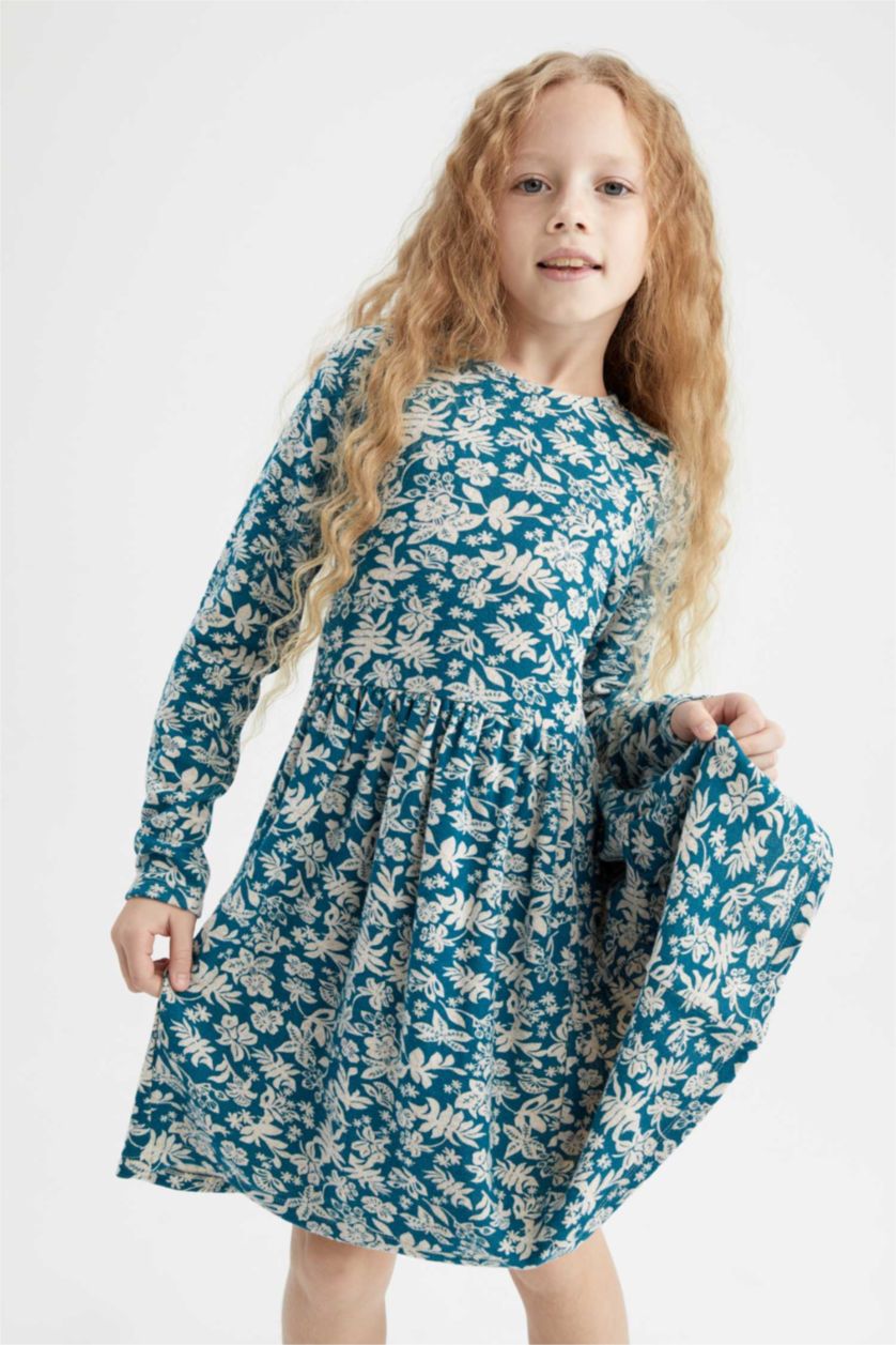 GIRLS & TEENS Dark Green Girl Patterned Long Sleeve Floral Dress