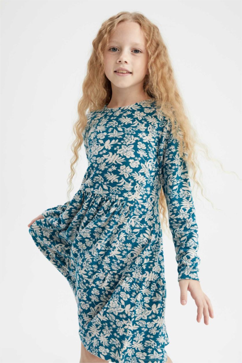 GIRLS & TEENS Dark Green Girl Patterned Long Sleeve Floral Dress